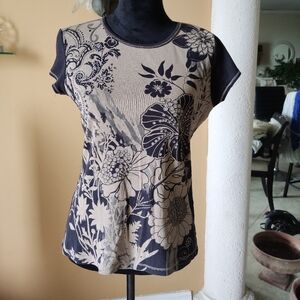 Womens Vintage Blue Canyon Floral Color-block Boho T-Shirt Cap Sleeve Size L